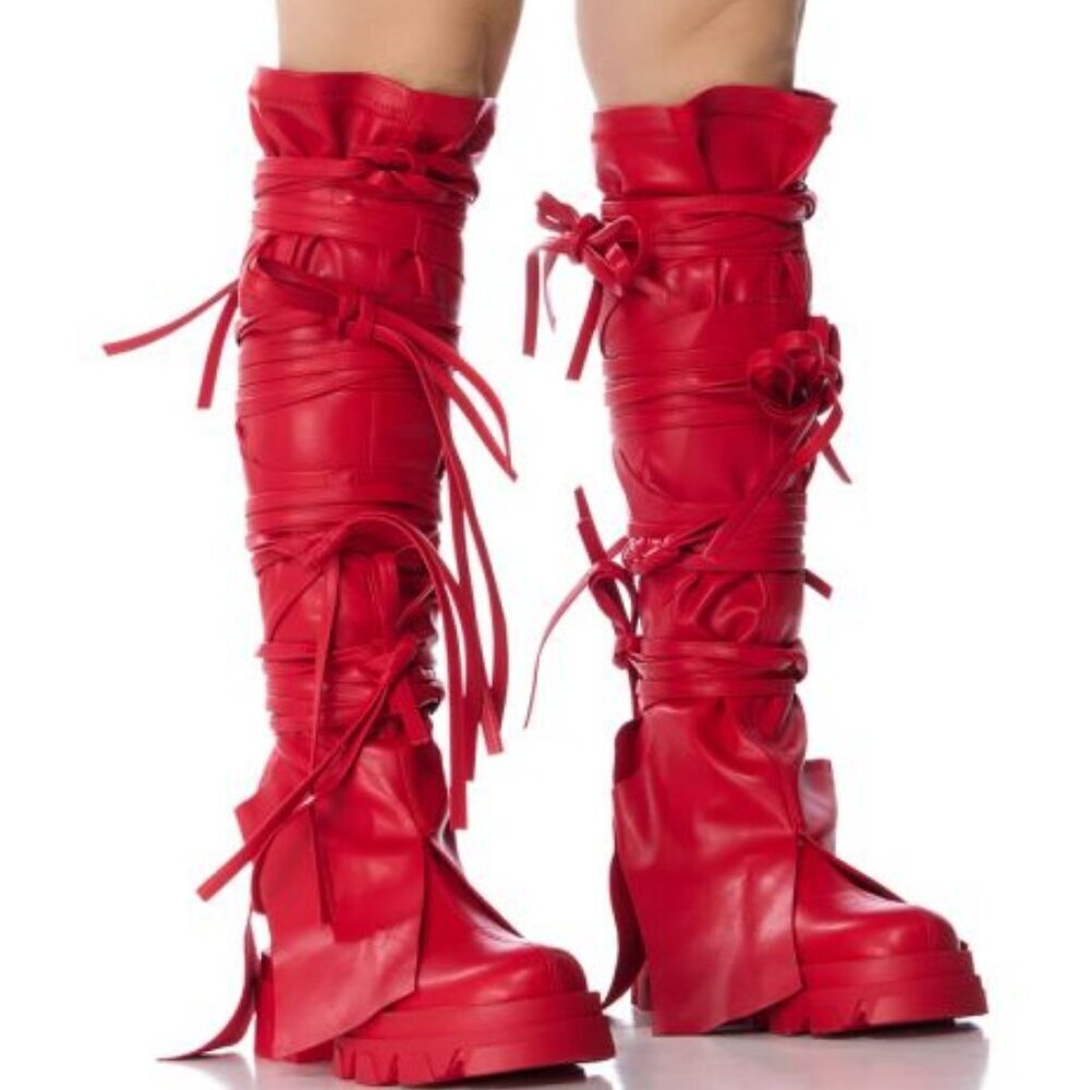 AZALEA WANG "STRAPPED UNLIMITED" RED BOOTIE WITH STRAPPY TIE UP COVER(BRAND NEW!